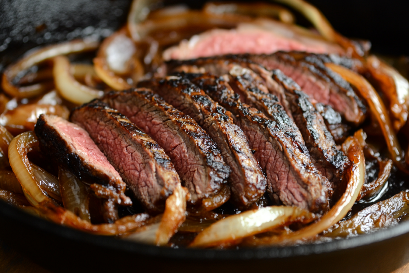 London broil searing in a cast iron skillet with caramelized onions beside it.