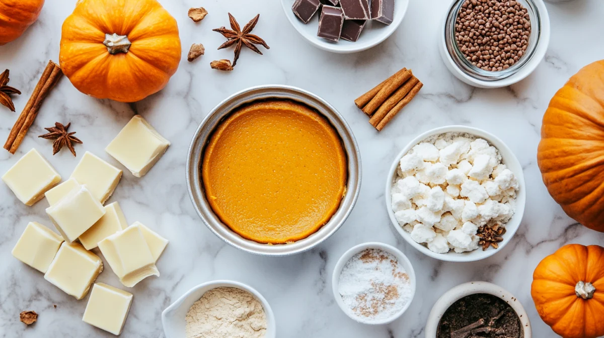 Ingredients for Milk Bar Pumpkin Pie, including pumpkin puree, white chocolate, spices, and cornmeal, on a marble countertop.