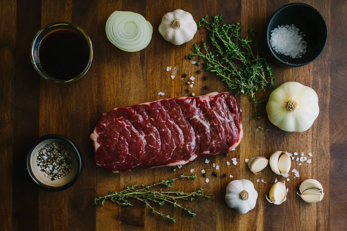 Ingredients for London broil, including raw beef, onions, garlic, and sauces, arranged on a wooden countertop.