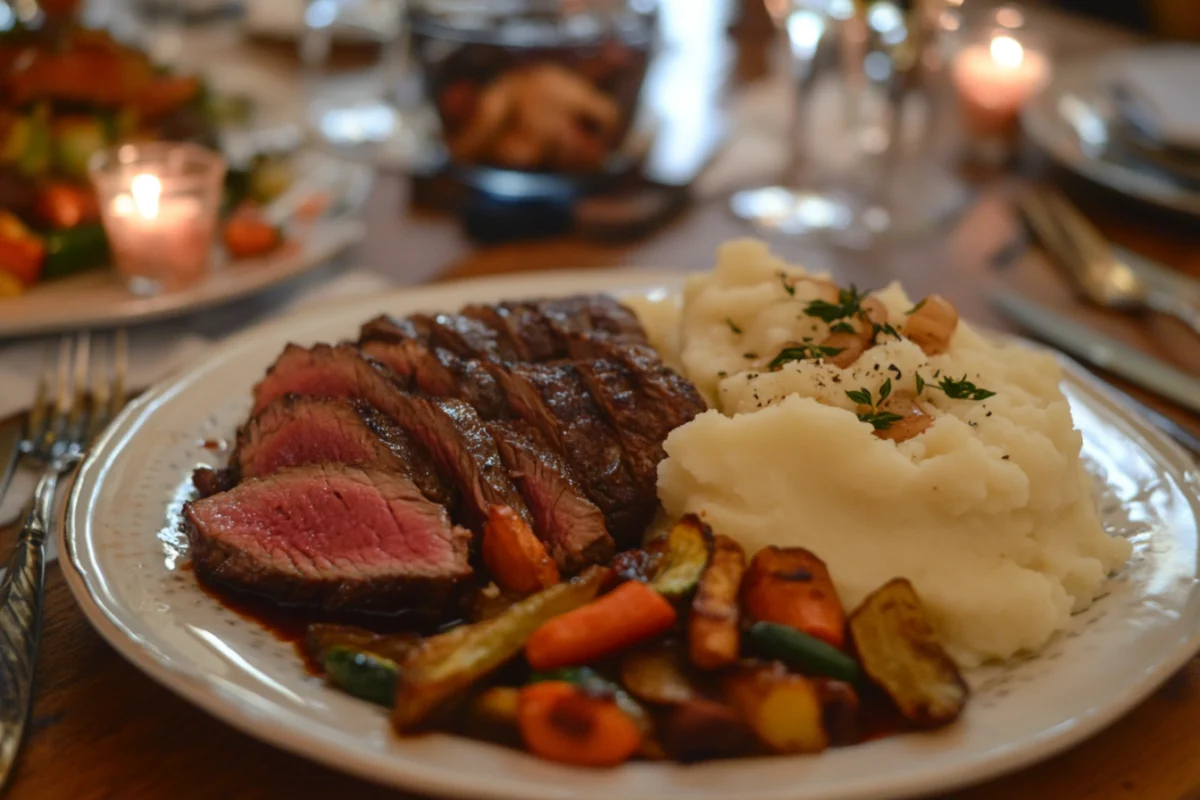 Slices of London broil served with caramelized onions, roasted veggies, and mashed potatoes on a dinner table