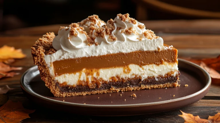 Milk Bar Pumpkin Pie topped with whipped cream and streusel on a rustic wooden table with autumn leaves.