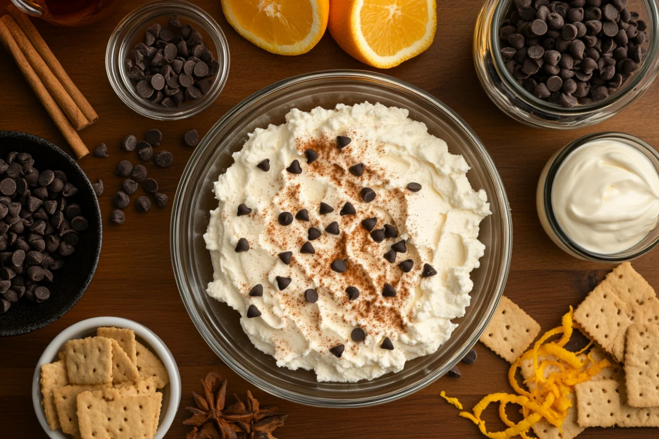 Ingredients for Cannoli Pie neatly arranged on a wooden countertop.