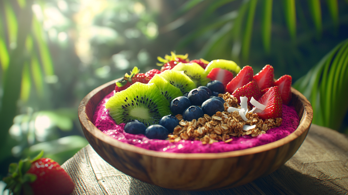 A flat lay of pitaya bowl ingredients including frozen pitaya, banana, almond milk, strawberries, chia seeds, and granola on a wooden surface