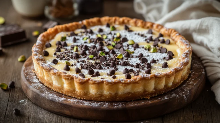 A slice of Cannoli Pie garnished with powdered sugar and pistachios on a rustic table.