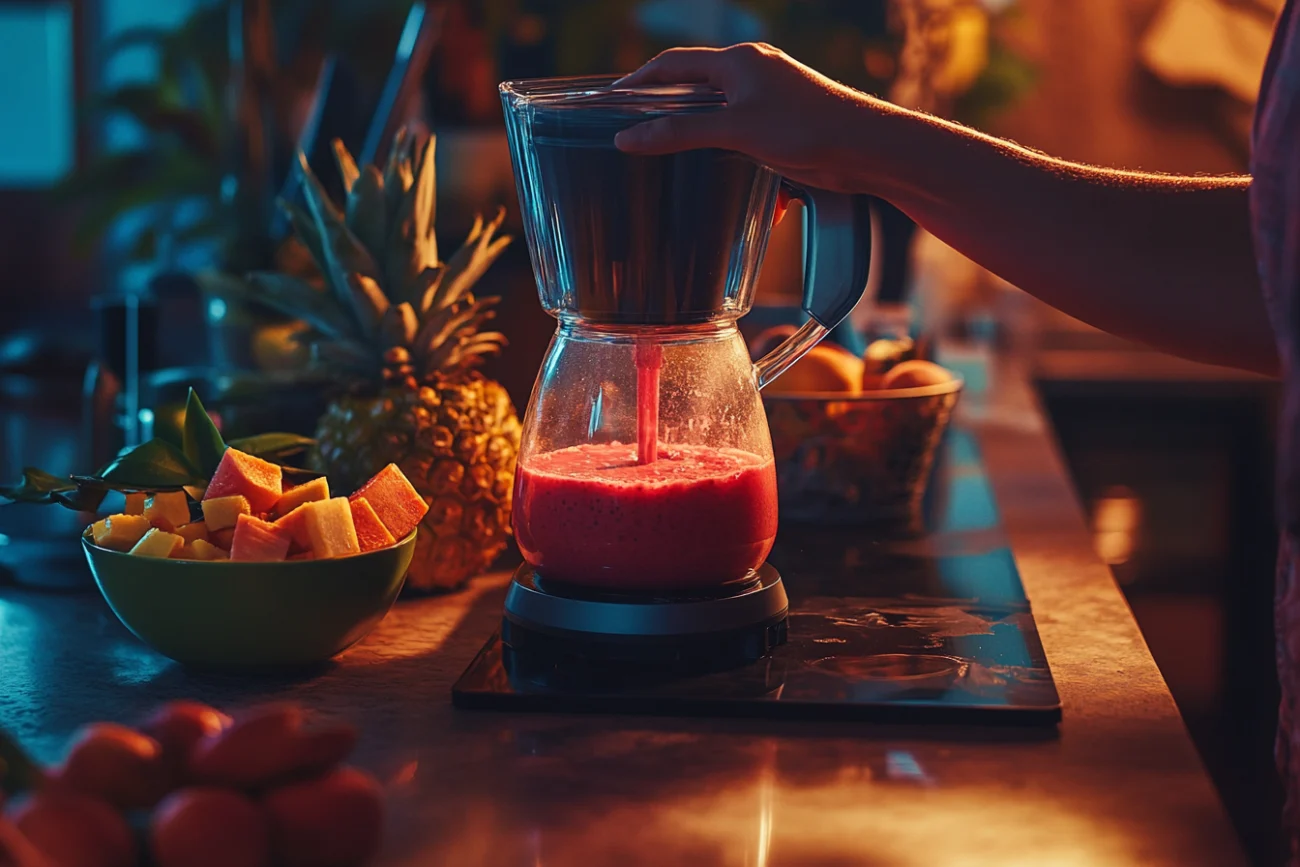 Hands blending frozen pitaya in a blender with bowls of fresh toppings and fruits on the kitchen counter, captured in warm and natural light