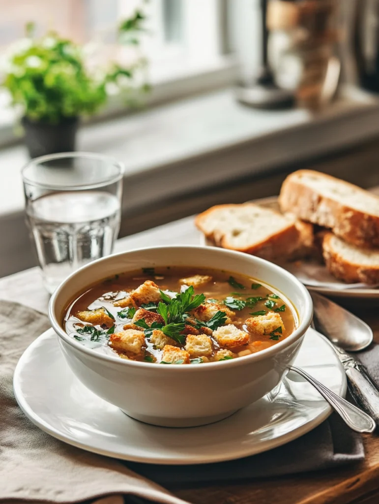 A cozy table setting featuring a bowl of Chopt Soup garnished with parsley and croutons, bread on the side, and soft natural light streaming in