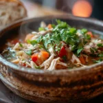 Chopt Soup in a rustic bowl, steaming hot with colorful vegetables, shredded chicken, and fresh herbs, paired with crusty bread on a wooden table.