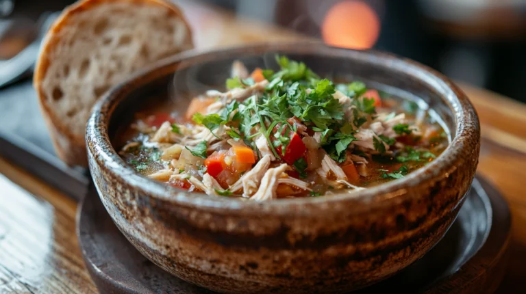 Chopt Soup in a rustic bowl, steaming hot with colorful vegetables, shredded chicken, and fresh herbs, paired with crusty bread on a wooden table.