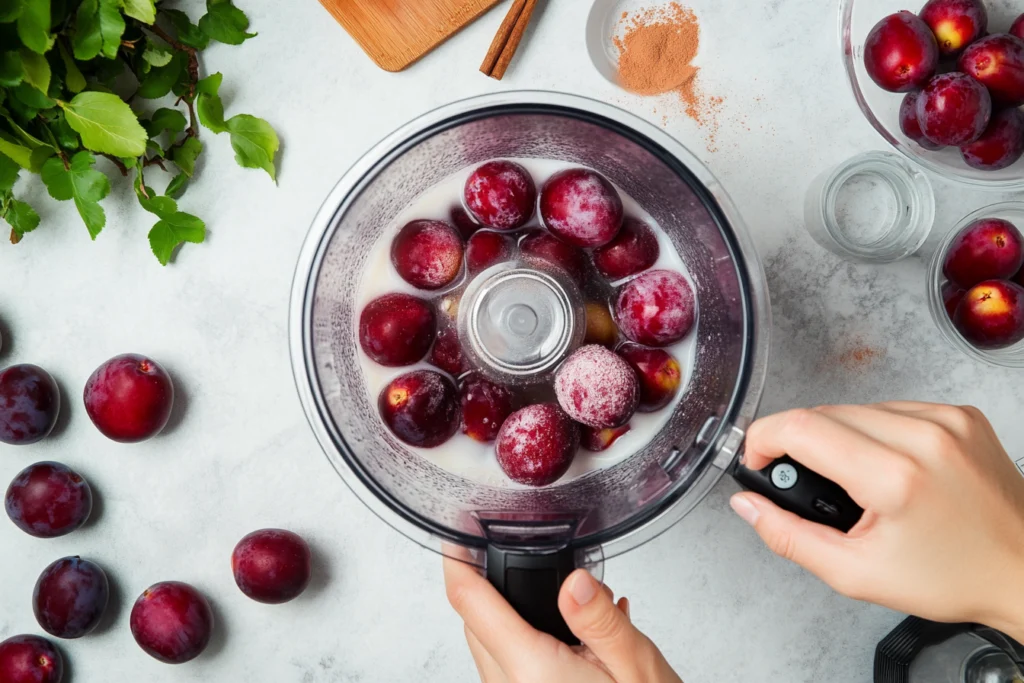 Hands blending fresh plums and milk in a blender, with ingredients like cinnamon and honey on the side.