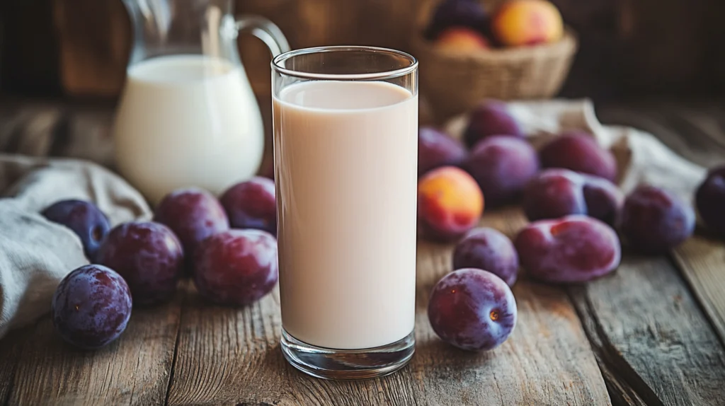 Hands blending fresh plums and milk in a blender, with ingredients like cinnamon and honey on the side.