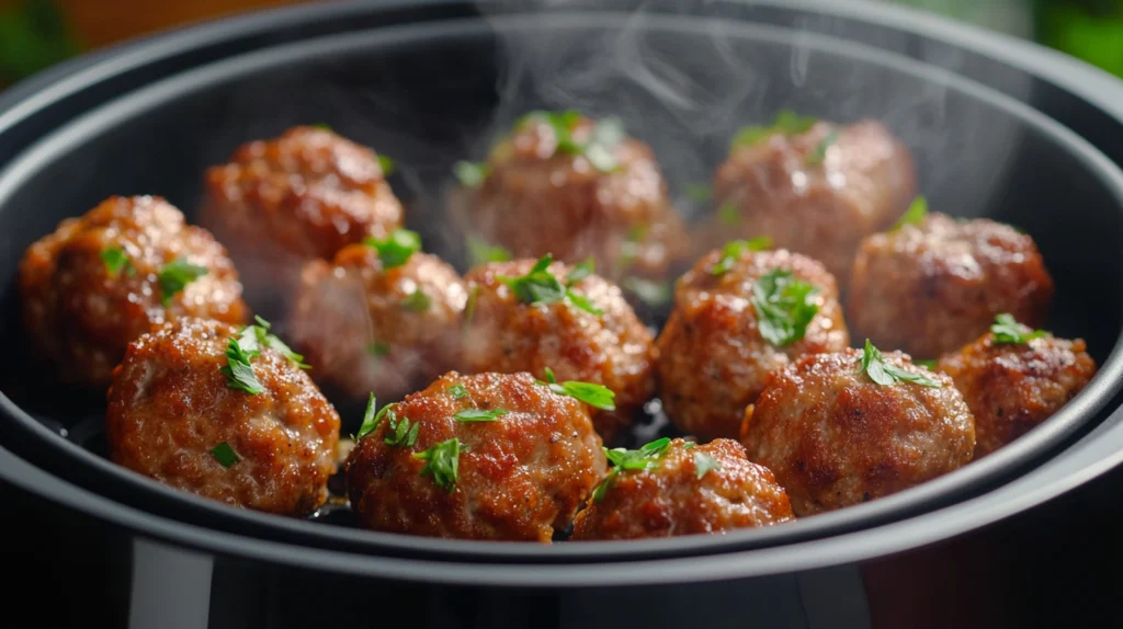 Crispy golden-brown meatballs garnished with parsley, fresh from an air fryer