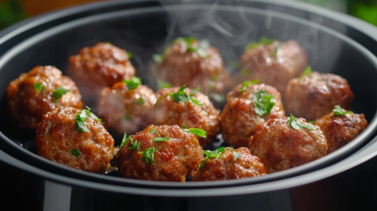 Crispy golden-brown meatballs garnished with parsley, fresh from an air fryer