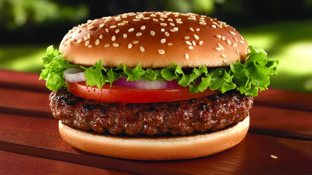 Grilled ground sirloin burger with toppings on a sesame seed bun, served on a wooden board.