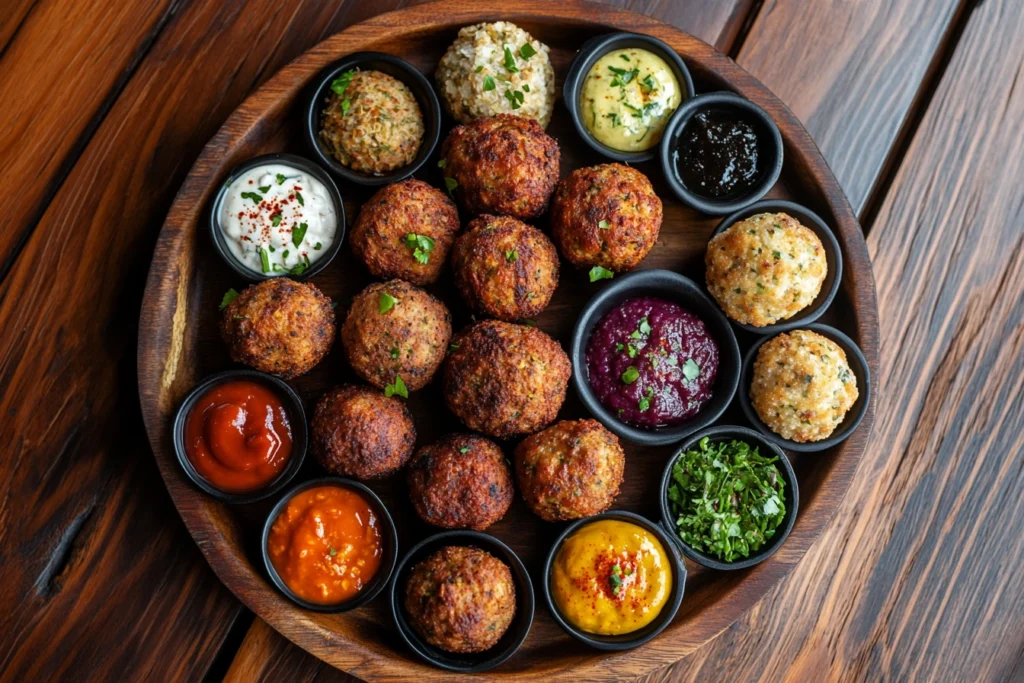 An assortment of different meatballs on a wooden platter with colorful dipping sauces.