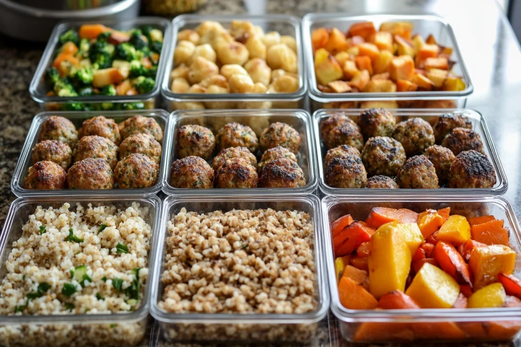 Meal-prep containers with air-fried meatballs, roasted vegetables, and grains on a bright background