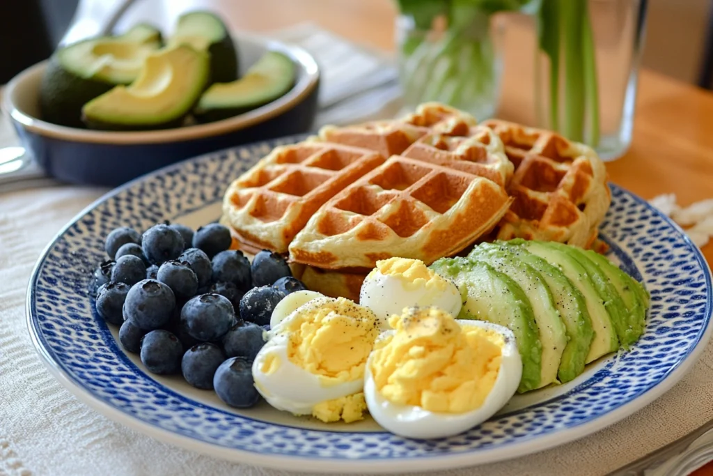 Breakfast spread with savory sourdough waffles and sweet blueberry muffins on a sunny table.