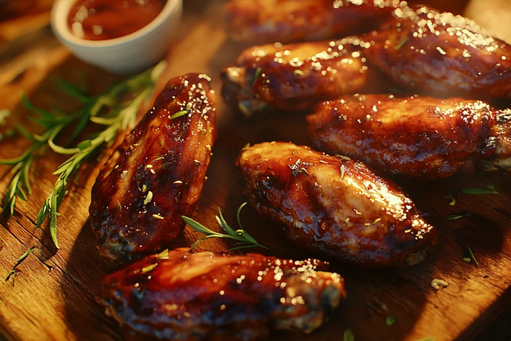 Close-up of golden-brown smoked turkey wings on a wooden board, garnished with fresh herbs and served with barbecue sauce and coleslaw.