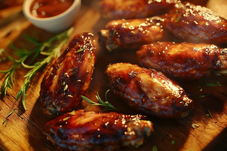 Close-up of golden-brown smoked turkey wings on a wooden board, garnished with fresh herbs and served with barbecue sauce and coleslaw.