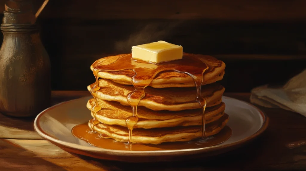 A stack of golden sourdough discard pancakes topped with butter and syrup on a rustic wooden table.