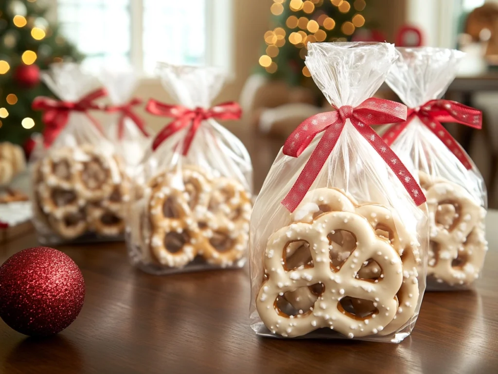 White chocolate covered pretzels in cellophane bags with holiday ribbons