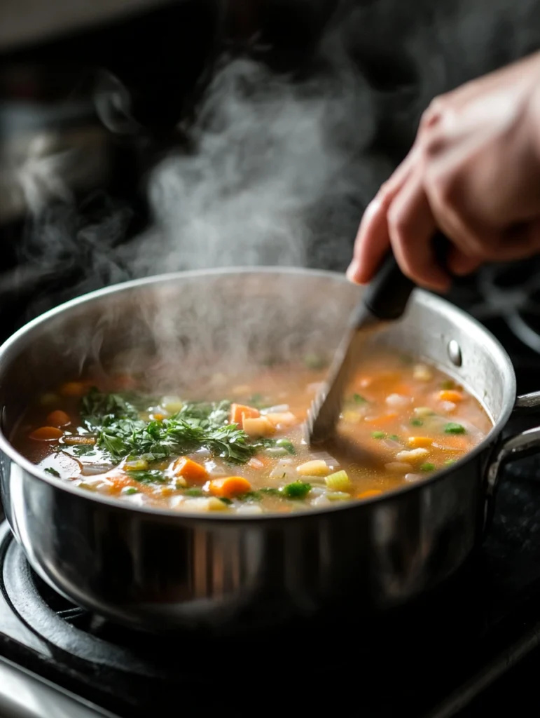 Hands stirring a pot of Chopt Soup on the stove, with visible chunks of vegetables and fresh herbs, steam rising to create a cozy kitchen vibe.