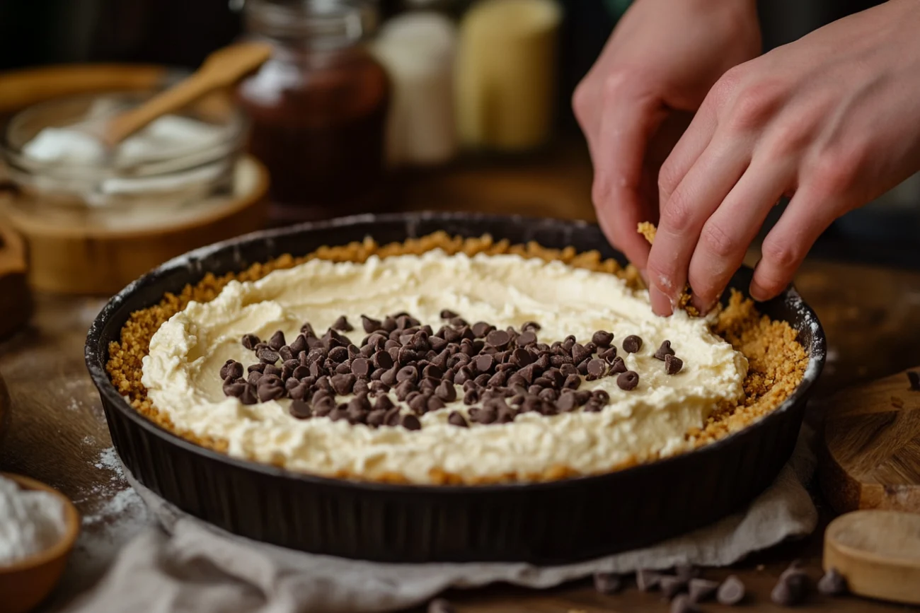 Hands filling a crust with creamy ricotta mixture for Cannoli Pie