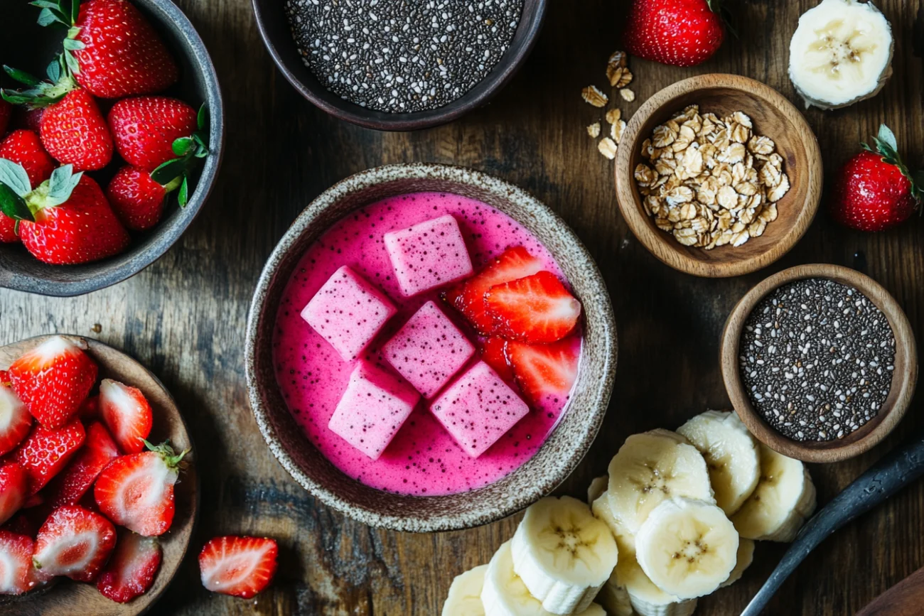 A flat lay of pitaya bowl ingredients including frozen pitaya, banana, almond milk, strawberries, chia seeds, and granola on a wooden surface.