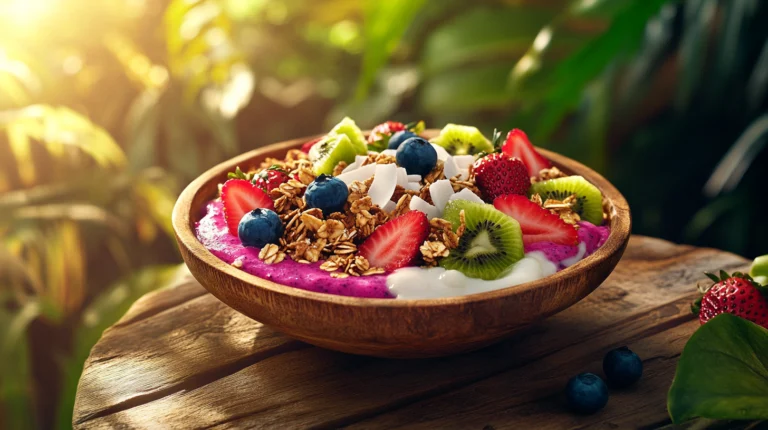 A vibrant pitaya bowl topped with fresh fruits, granola, and coconut flakes on a rustic wooden table with tropical plants in the background