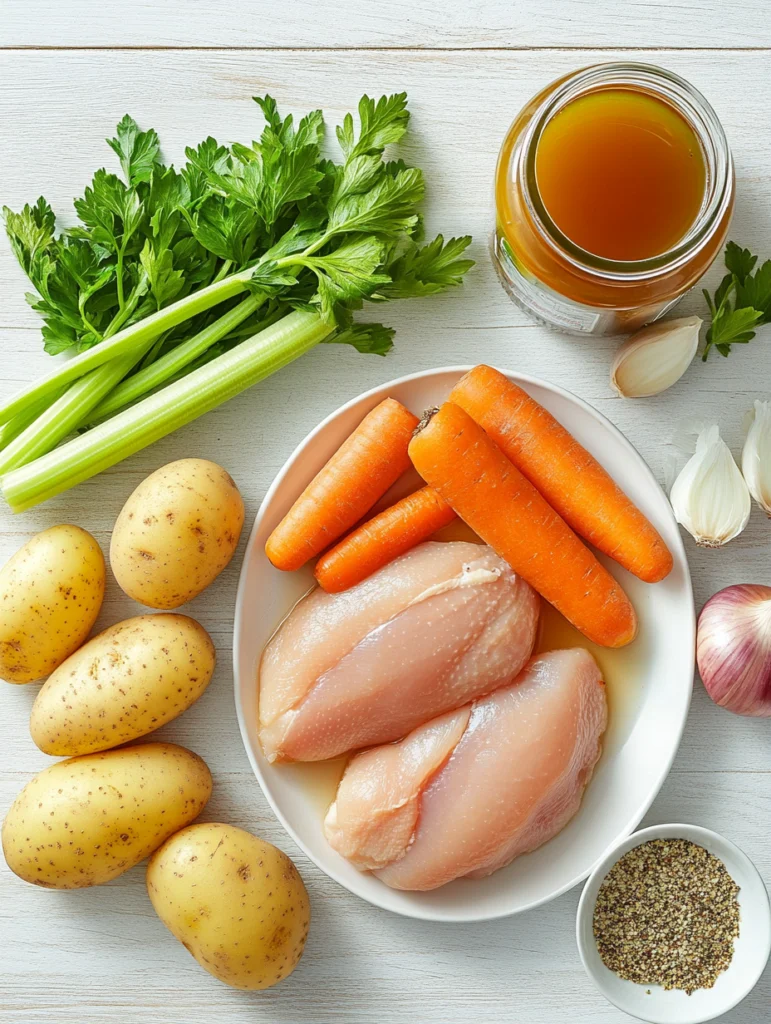 Fresh ingredients for Chopt Soup, including carrots, celery, potatoes, onions, garlic, parsley, and chicken, neatly arranged on a light wood countertop.