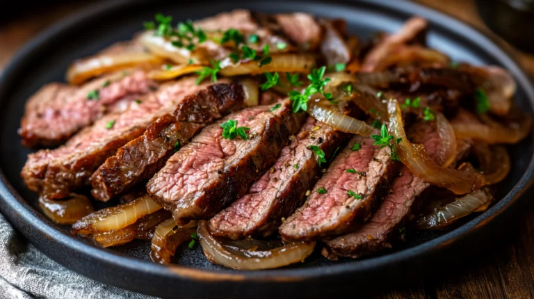 Slices of London broil topped with caramelized onions, garnished with herbs, on a rustic ceramic plate.