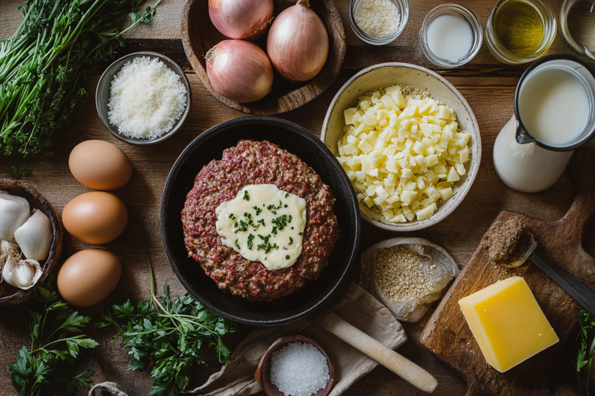 Fresh ingredients for French Onion Meatloaf, including ground beef, onions, cheese, breadcrumbs, eggs, and seasonings on a wooden surface