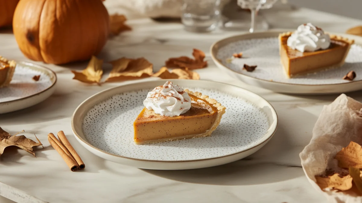 Slices of Milk Bar Pumpkin Pie with whipped cream on decorative plates, surrounded by fall decor like pumpkins and cinnamon sticks.