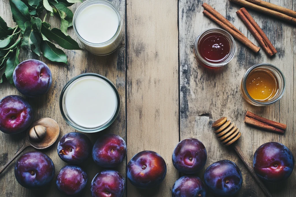 Flat lay of fresh plums, milk, honey, and cinnamon sticks on a wooden surface, ready to prepare homemade plum milk.