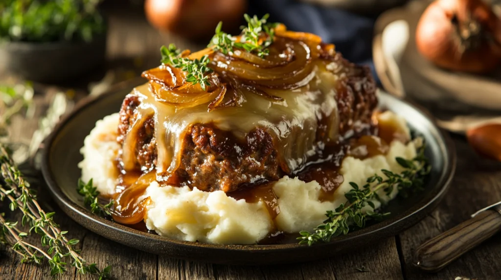 A slice of French Onion Meatloaf topped with melted cheese and caramelized onions, served with mashed potatoes on a rustic wooden plate.