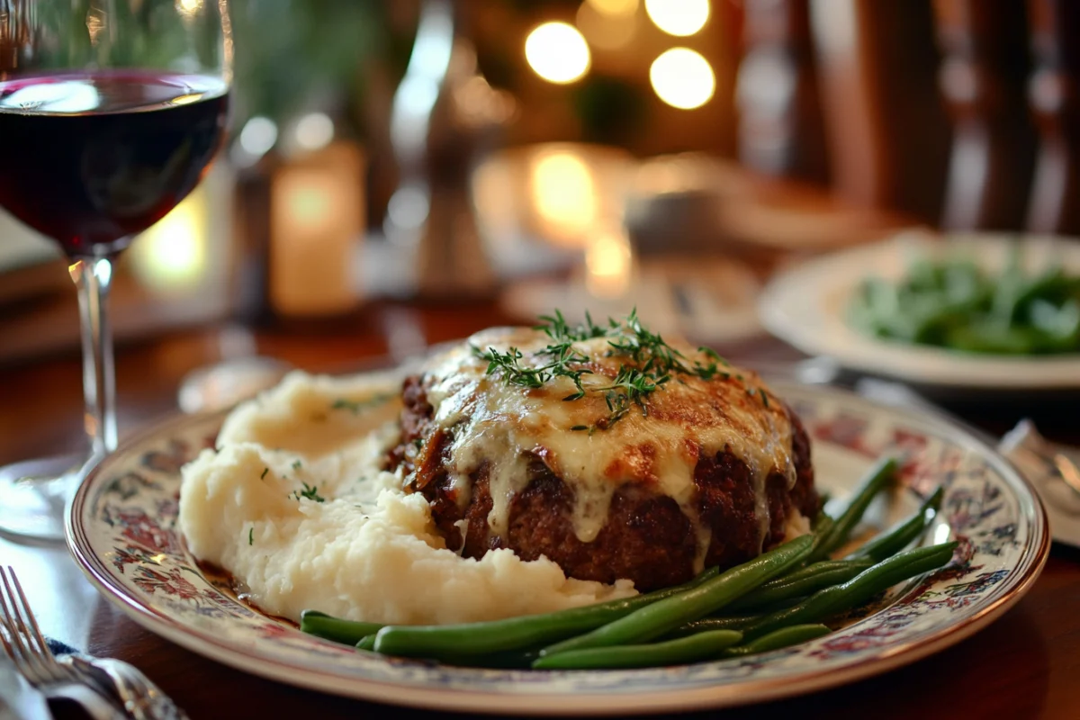 French Onion Meatloaf served on a dinner table with mashed potatoes, green beans, and a glass of red wine in a cozy dining setting.