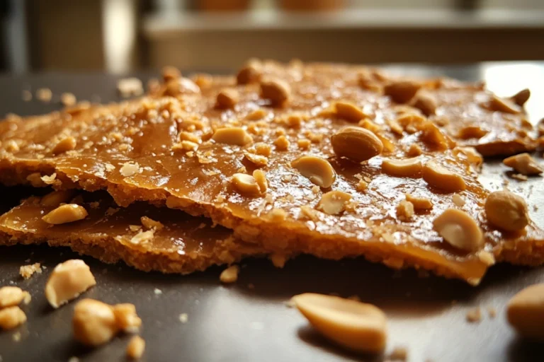 Homemade peanut brittle with roasted peanuts on a modern kitchen countertop.