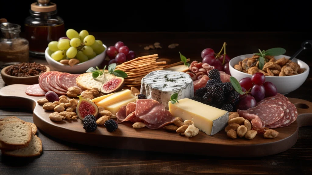 Assorted artisan beef salami slices on a charcuterie board with gourmet cheeses, grapes, nuts, olives, and crackers.