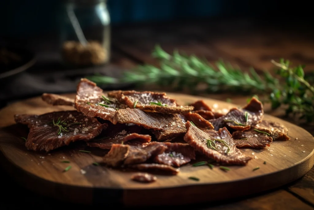 Close-up shot of crispy beef chips on a wooden board with a sprinkle of herbs