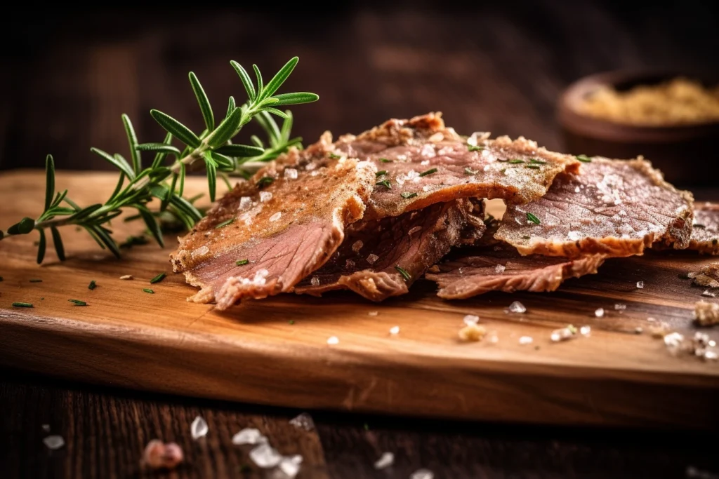 Close-up shot of crispy beef chips on a wooden board with a sprinkle of herbs