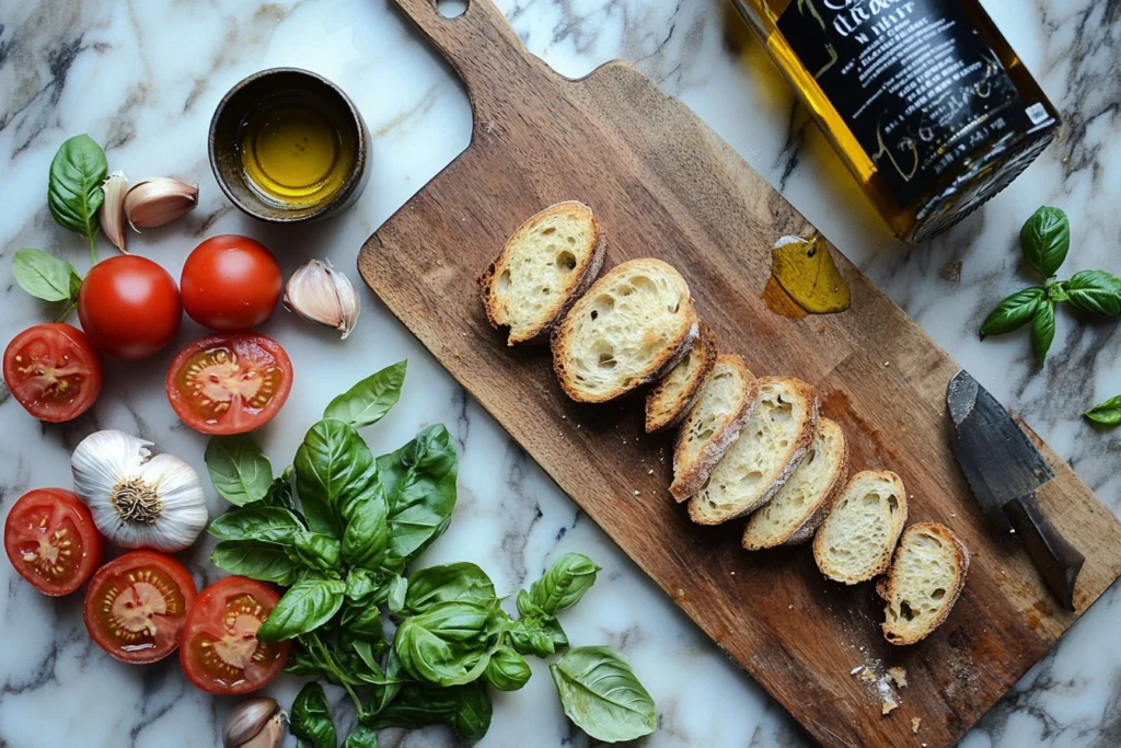 Ingredients for traditional bruschetta, including tomatoes, garlic, basil, olive oil, and rustic bread, arranged on a kitchen counter.