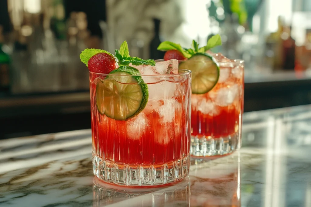 Strawberry nectar cocktails with lime and mint garnish on a bar top.