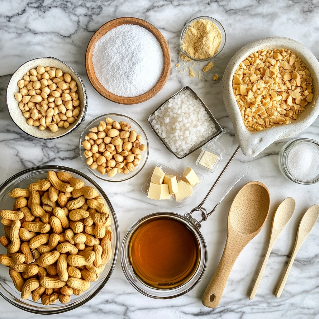 Ingredients for peanut brittle, including peanuts, sugar, corn syrup, butter, and baking soda, displayed on a kitchen counter.