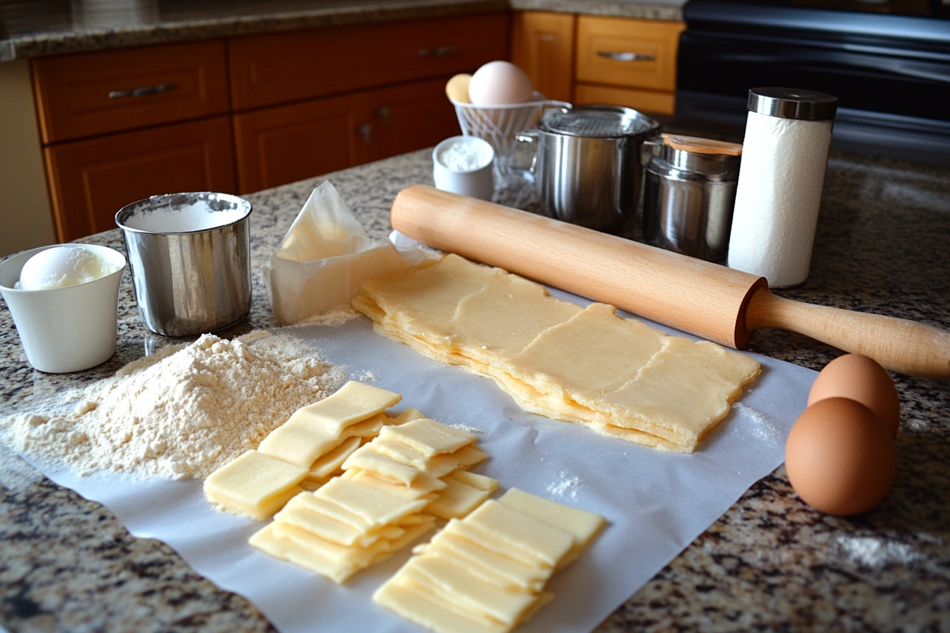 Wafer cookie ingredients arranged flat-lay, including flour, sugar, butter, eggs, and vanilla extract.