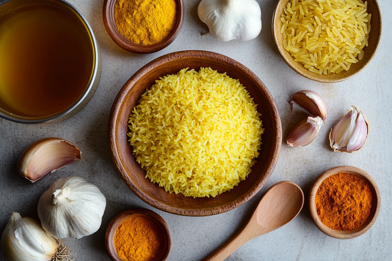 Ingredients for yellow rice, including rice, turmeric, saffron, garlic, and onions, arranged flat-lay on a kitchen counter.