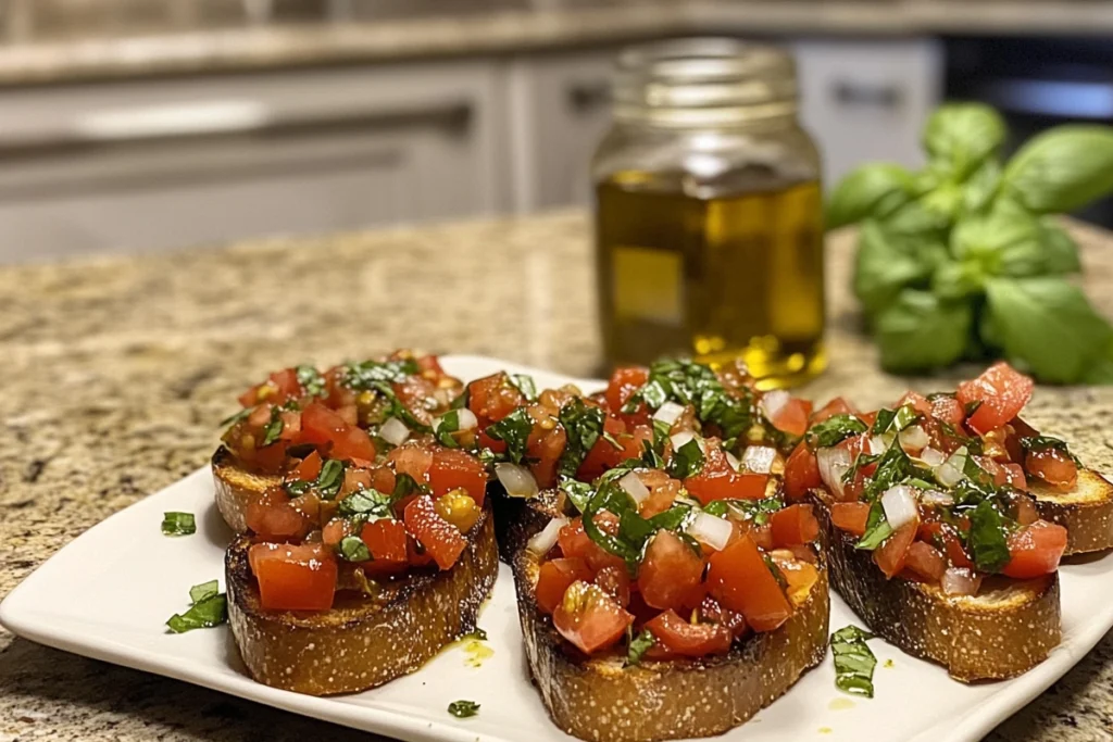 Homemade bruschetta with traditional toppings of tomatoes, garlic, and basil on a modern kitchen countertop.