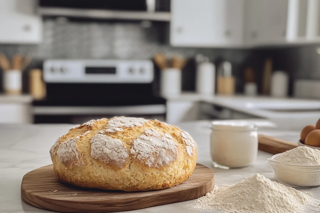 Homemade sourdough quick bread recipes on a kitchen countertop with ingredients like flour and sourdough starter in the background.