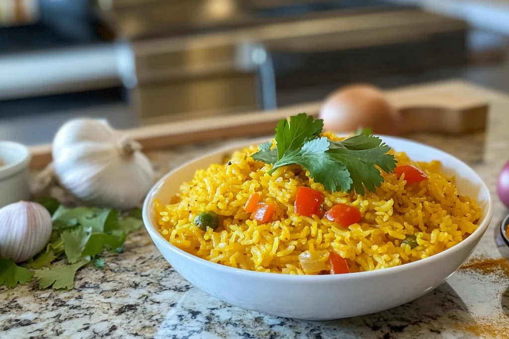 Homemade yellow rice served in a bowl with fresh ingredients like turmeric and onion on a modern kitchen counter.