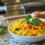 Homemade yellow rice served in a bowl with fresh ingredients like turmeric and onion on a modern kitchen counter.