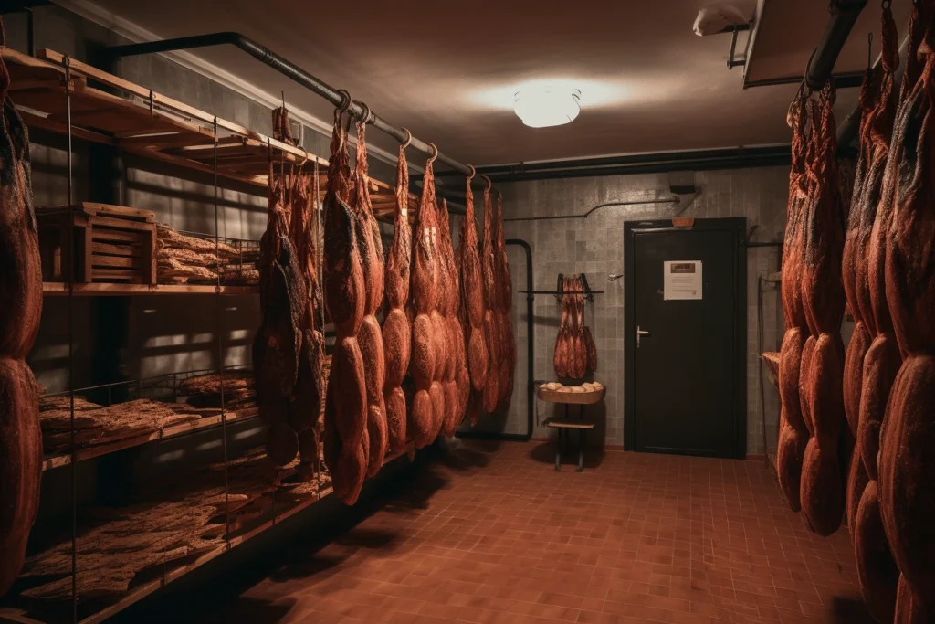 Hanging beef salami sausages in a traditional curing room with controlled temperature and humidity equipment.
