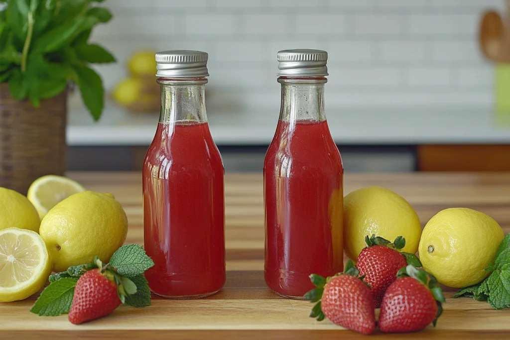 Homemade strawberry nectar in bottles with strawberries and lemons.